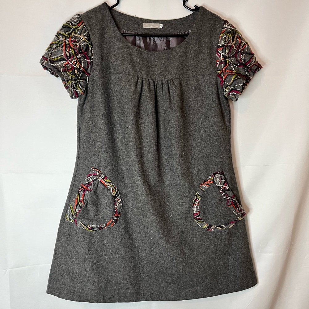 Vintage gray tunic women’s wool blend  mini dress with embroidered sleeves